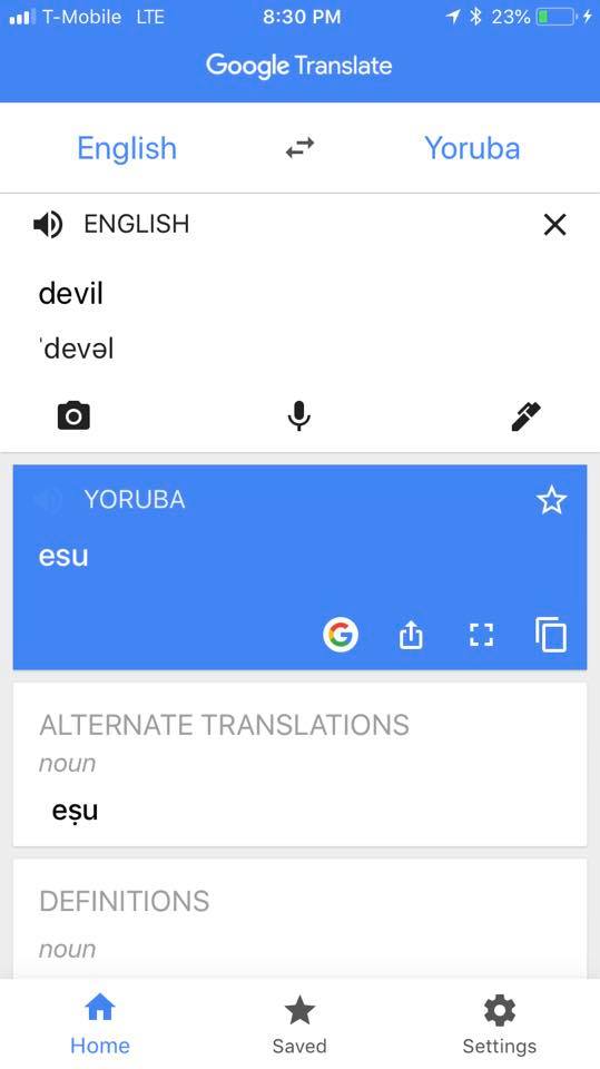 Google volta a traduzir Esu/Exu/Eshu como Devil/Diabo/Diablo